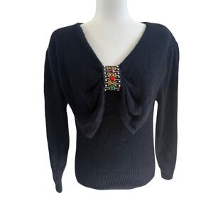 VTG 90s IB Diffusion Black Wool Silk Angora Beaded‎ Bow Sweater Womens M Jewels